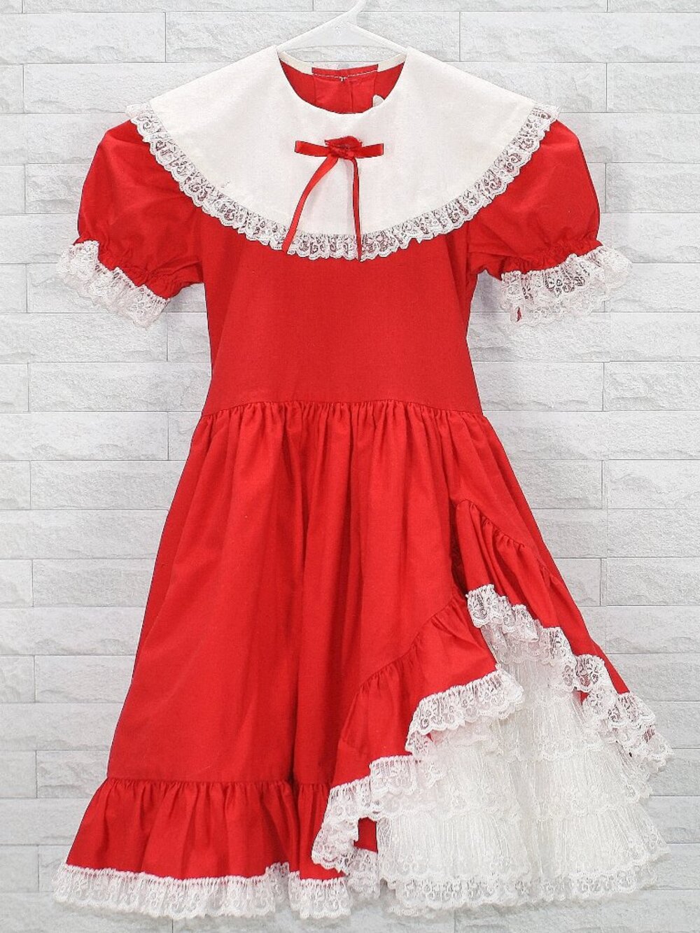 VINTAGE EMMA'S RAINBOW Dress Ruffled Puff Short Sleeves Lace Classic Red 7